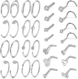 AllerPierce 20G Nose Rings Set 30-40Pcs Bone Screw L Shaped Studs Hypoallergenic Tragus Cartilage Ring Hoop Stainless Steel Piercing Jewelry for Women Men