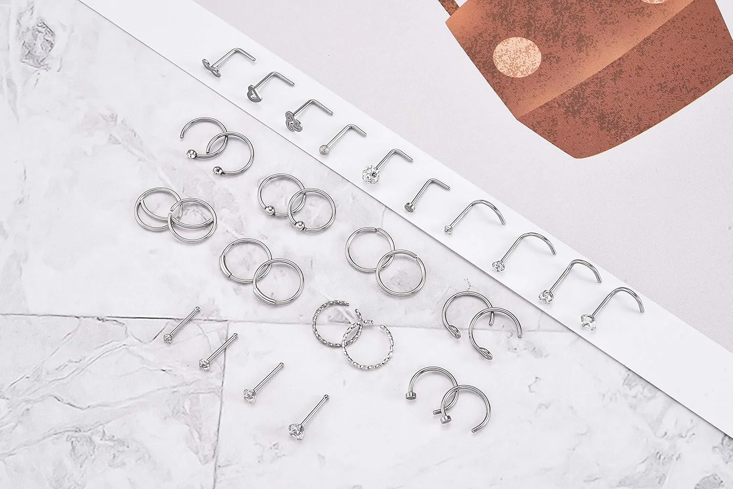AllerPierce 20G Nose Rings Set 30-40Pcs Bone Screw L Shaped Studs Hypoallergenic Tragus Cartilage Ring Hoop Stainless Steel Piercing Jewelry for Women Men