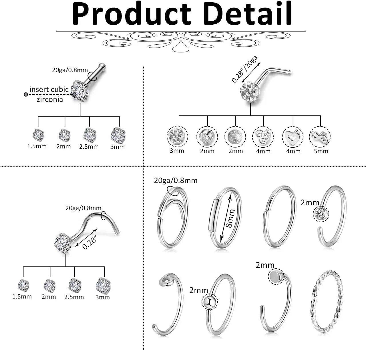 AllerPierce 20G Nose Rings Set 30-40Pcs Bone Screw L Shaped Studs Hypoallergenic Tragus Cartilage Ring Hoop Stainless Steel Piercing Jewelry for Women Men