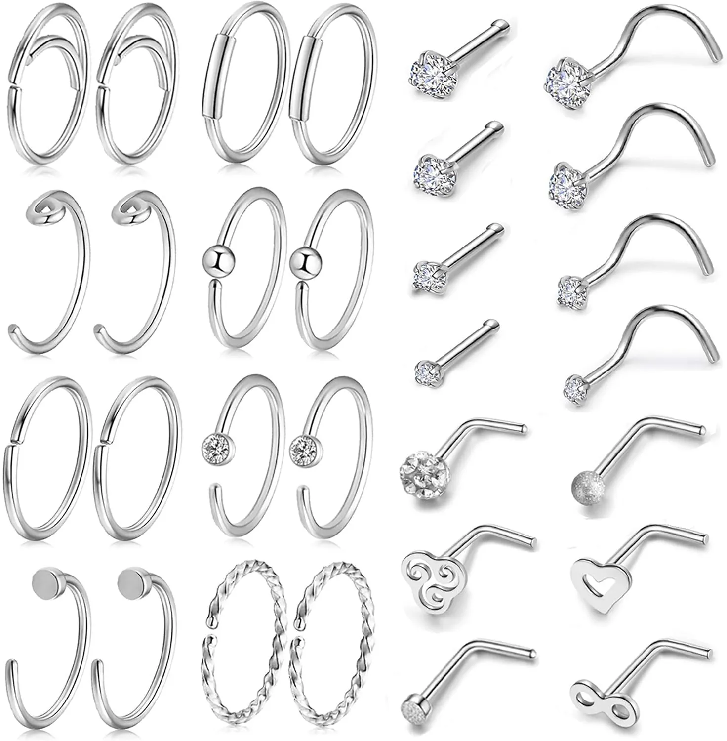 AllerPierce 20G Nose Rings Set 30-40Pcs Bone Screw L Shaped Studs Hypoallergenic Tragus Cartilage Ring Hoop Stainless Steel Piercing Jewelry for Women Men