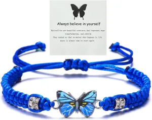 Always Believe in Yourself Butterfly Bracelet - Cute Charm Bracelets for Women, Adjustable Braided Rope, Lucky Friendship Matching Bracelet