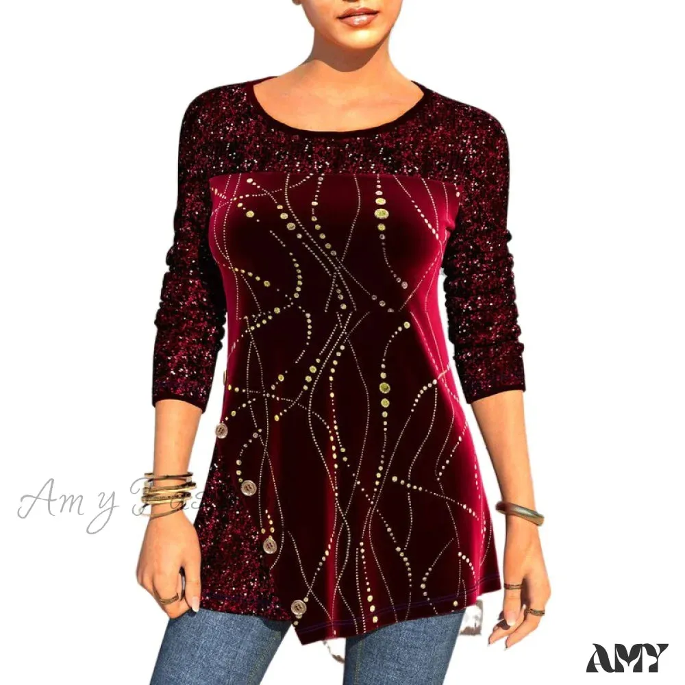 Amy Fashion - Plus Size Graphic Printed Sequins Patchwork Round Neck T Shirt