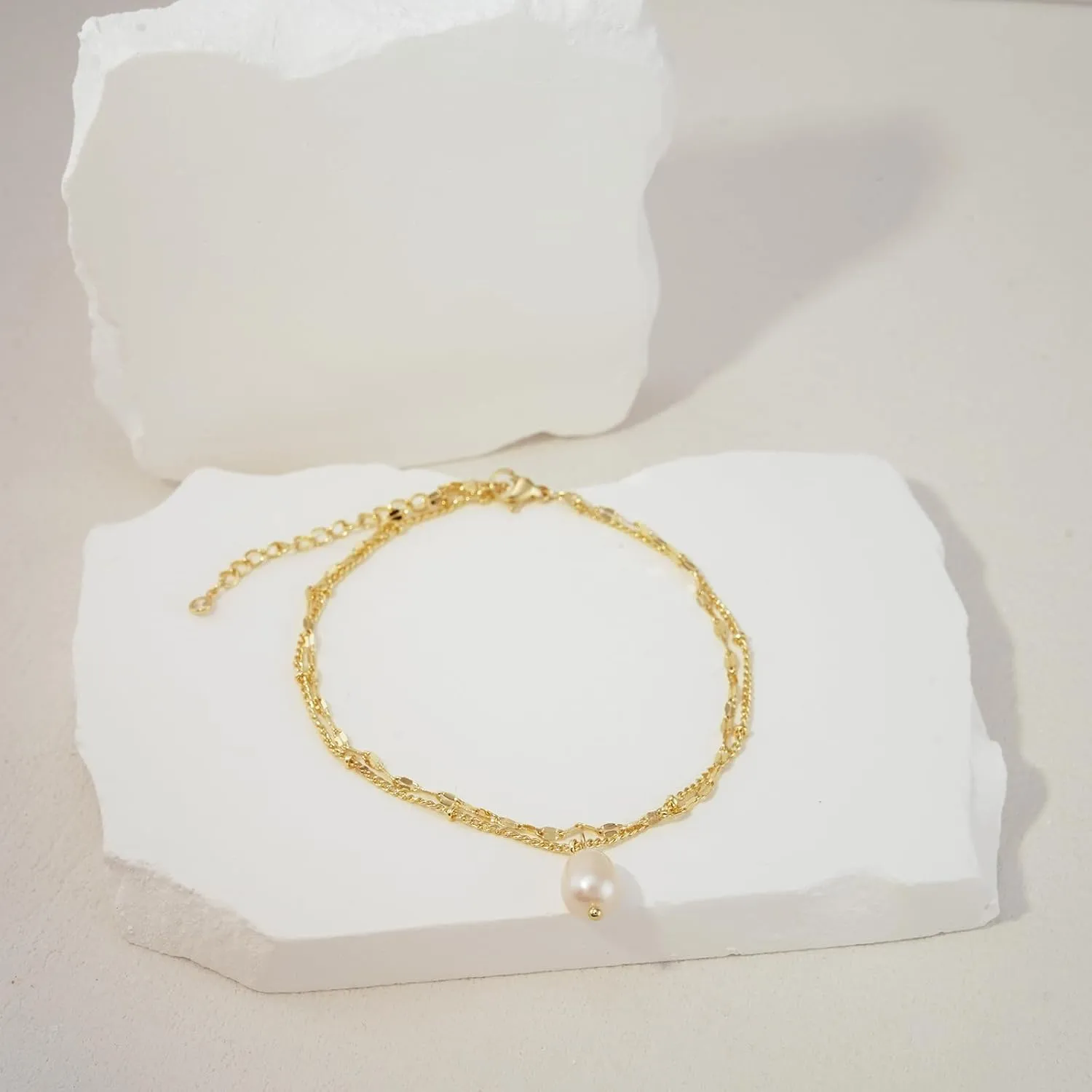 Ankle Bracelets for Women 14k Real Gold Silver Plated Anklets Freshwater Pearl Seashell Mermaid Heart Evil Eye Charms Adjustable Chain Waterproof Hypoallergenic Body Jewelry Cute Trendy Gifts