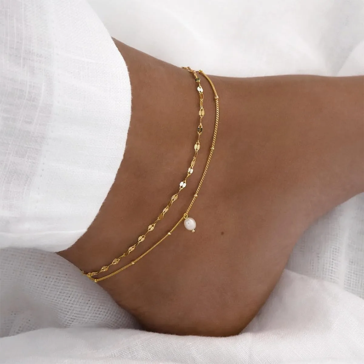Ankle Bracelets for Women 14k Real Gold Silver Plated Anklets Freshwater Pearl Seashell Mermaid Heart Evil Eye Charms Adjustable Chain Waterproof Hypoallergenic Body Jewelry Cute Trendy Gifts