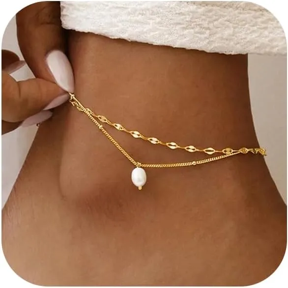 Ankle Bracelets for Women 14k Real Gold Silver Plated Anklets Freshwater Pearl Seashell Mermaid Heart Evil Eye Charms Adjustable Chain Waterproof Hypoallergenic Body Jewelry Cute Trendy Gifts