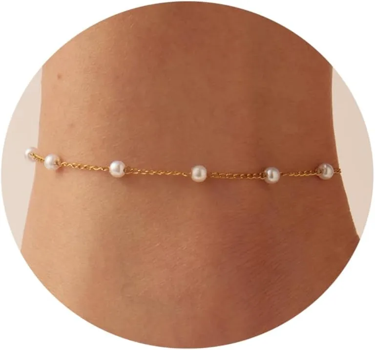 Ankle Bracelets for Women Dainty 18K Gold Plated Anklet Waterproof Round Beaded Paperclip Herringbone Pearl Chain Anklets Waterproof Beach Foot Jewelry