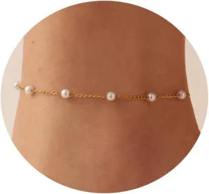 Ankle Bracelets for Women Dainty 18K Gold Plated Anklet Waterproof Round Beaded Paperclip Herringbone Pearl Chain Anklets Waterproof Beach Foot Jewelry