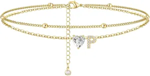 Ankle Bracelets for Women Waterproof 14K Gold Plated CZ Initial Anklet for Women Dainty Layered Letter Heart Ankle Bracelets Handmade Adjustable Foot Chain Anklet Summer Beach Jewelry