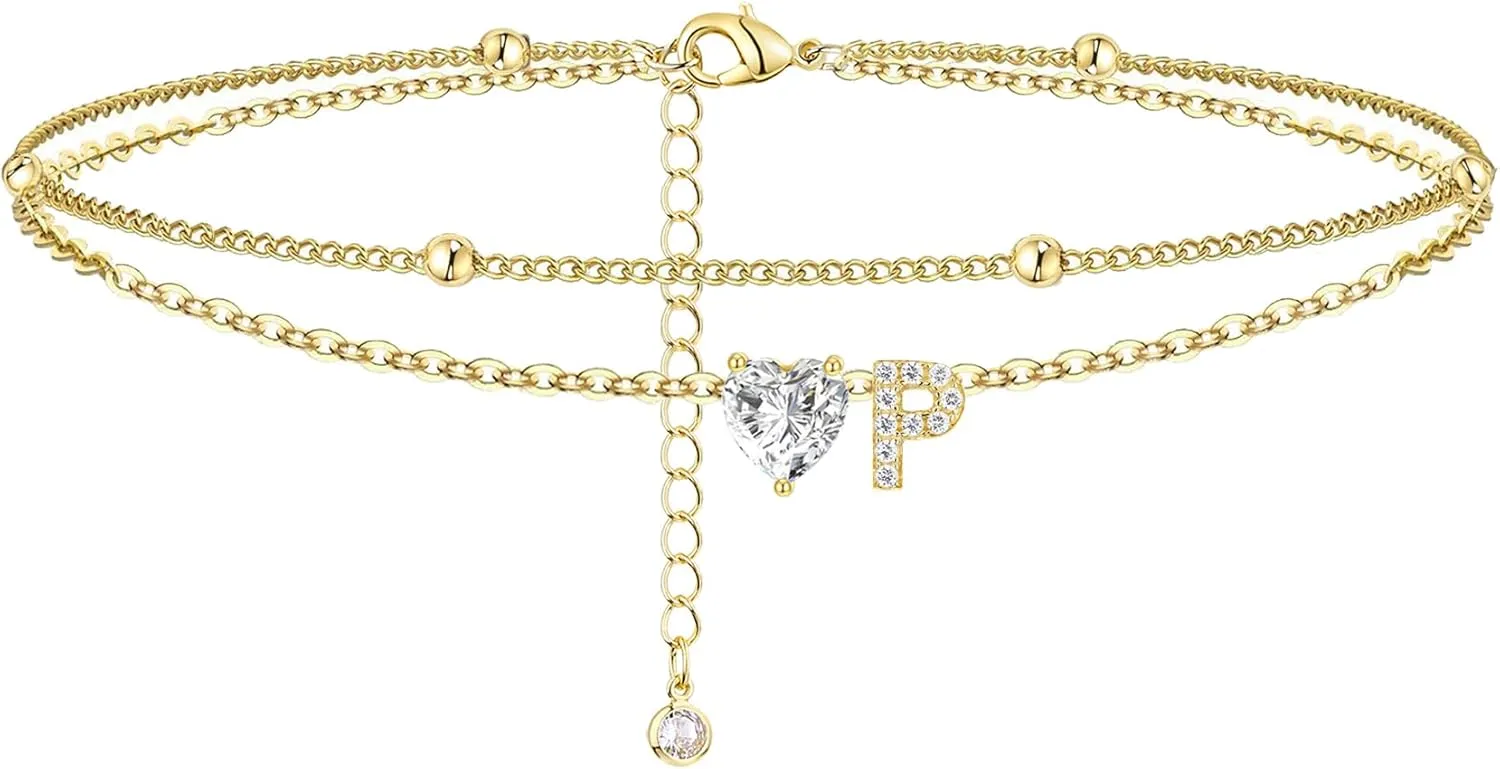 Ankle Bracelets for Women Waterproof 14K Gold Plated CZ Initial Anklet for Women Dainty Layered Letter Heart Ankle Bracelets Handmade Adjustable Foot Chain Anklet Summer Beach Jewelry