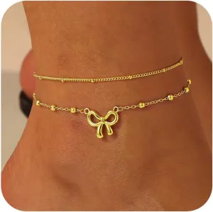 Anklets for Women 14k Gold Plated Bow Ankle Bracelets for Women Waterproof Dainty Cute Beach Knot Anklet Set Fashion Summer Foot Jewelry for Women