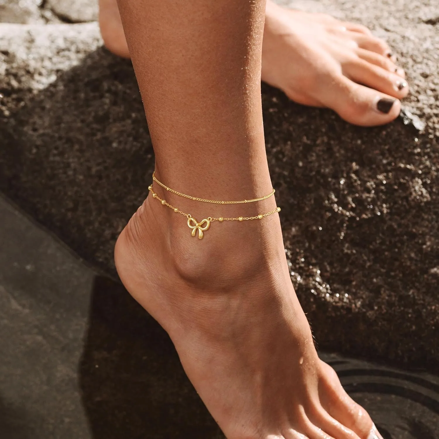 Anklets for Women 14k Gold Plated Bow Ankle Bracelets for Women Waterproof Dainty Cute Beach Knot Anklet Set Fashion Summer Foot Jewelry for Women