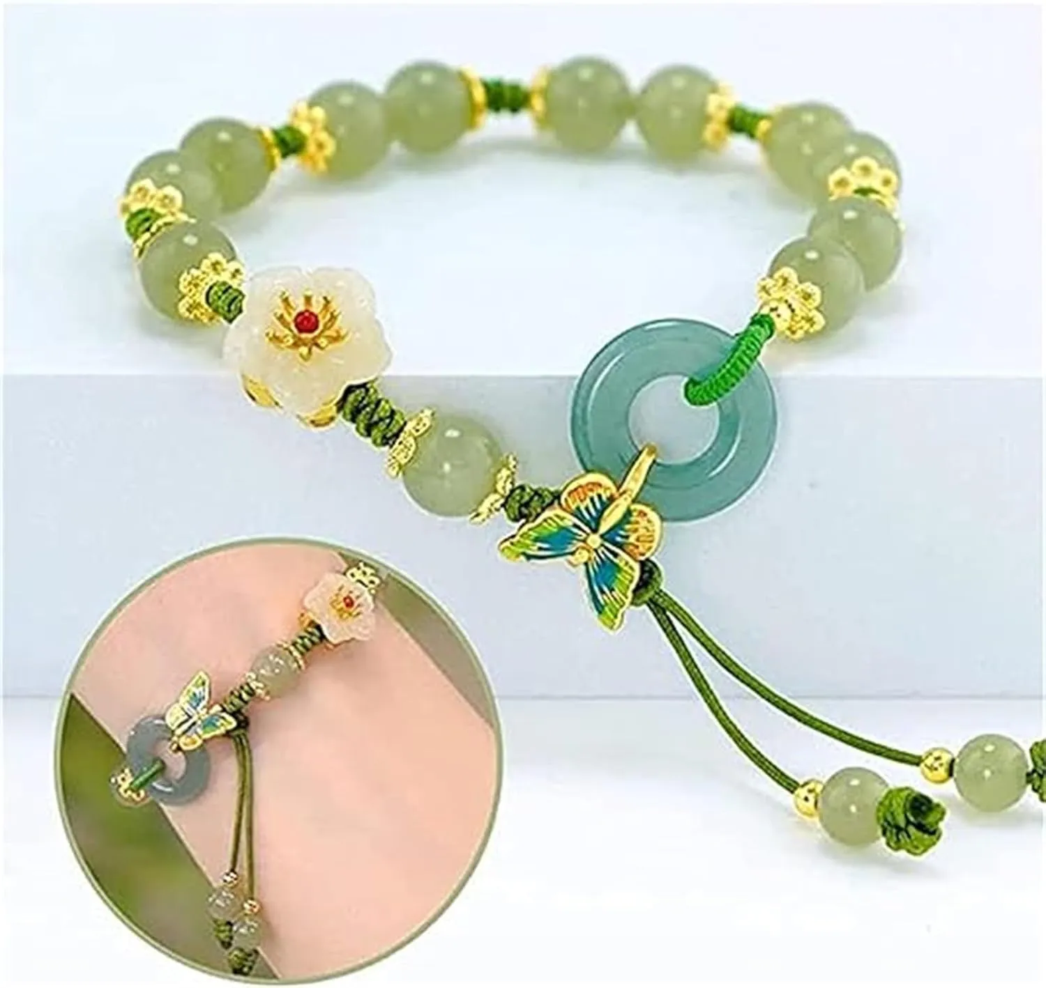 Aphro Jade Bracelet for Women, Butterfly Natural Emerald Jade Stone Bracelet, 2-Layer Lucky Bracelets for Women, Adjustable Peach Blossom Handmade Braided Jade Bracelets (Type 01)