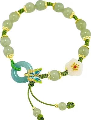 Aphro Jade Bracelet for Women, Butterfly Natural Emerald Jade Stone Bracelet, 2-Layer Lucky Bracelets for Women, Adjustable Peach Blossom Handmade Braided Jade Bracelets (Type 01)