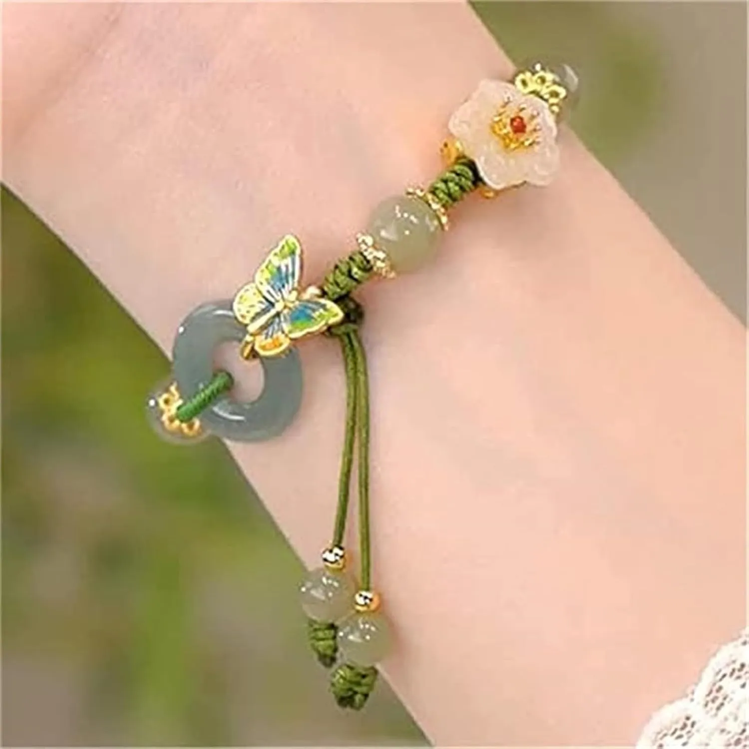 Aphro Jade Bracelet for Women, Butterfly Natural Emerald Jade Stone Bracelet, 2-Layer Lucky Bracelets for Women, Adjustable Peach Blossom Handmade Braided Jade Bracelets (Type 01)