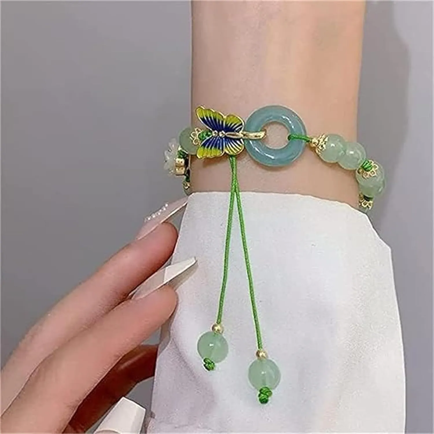 Aphro Jade Bracelet for Women, Butterfly Natural Emerald Jade Stone Bracelet, 2-Layer Lucky Bracelets for Women, Adjustable Peach Blossom Handmade Braided Jade Bracelets (Type 01)