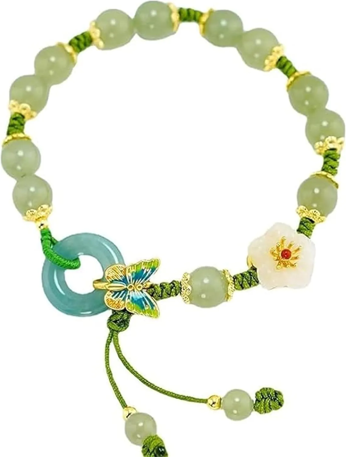 Aphro Jade Bracelet for Women, Butterfly Natural Emerald Jade Stone Bracelet, 2-Layer Lucky Bracelets for Women, Adjustable Peach Blossom Handmade Braided Jade Bracelets (Type 01)