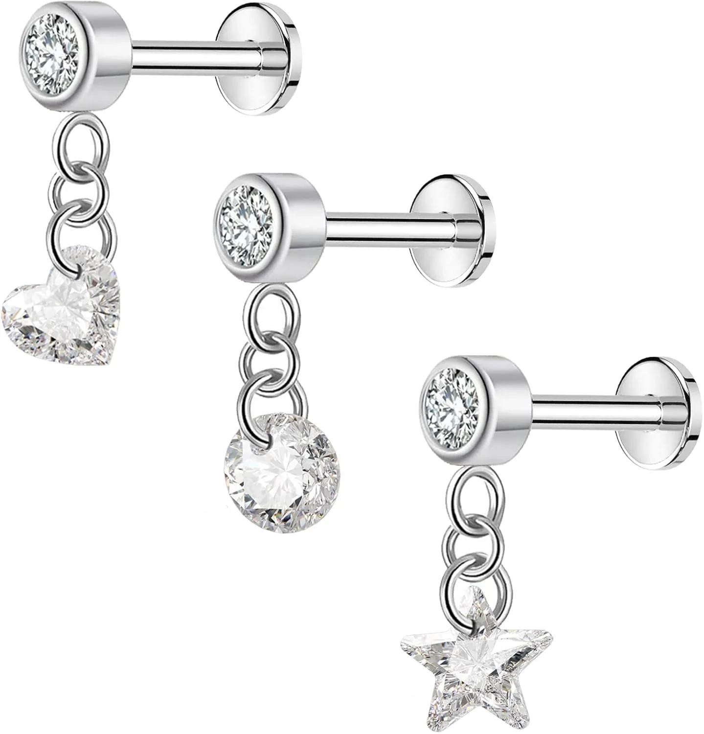 ASTM F136 Implant Grade 18G Internally Threaded Helix Stud G23 Titanium Flat Back Cartilage Earring Dangle Clear CZ Helix Piercing Helix Earring