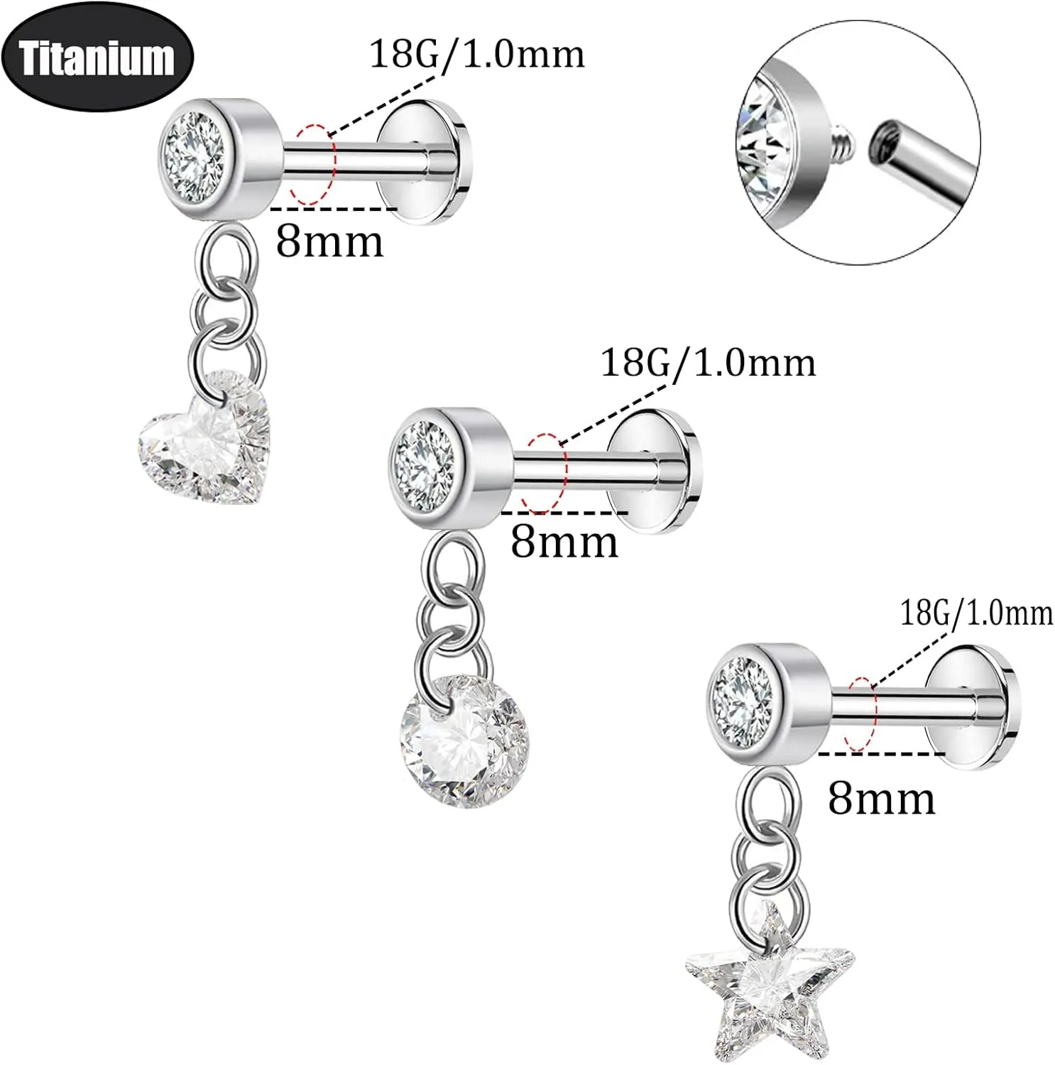 ASTM F136 Implant Grade 18G Internally Threaded Helix Stud G23 Titanium Flat Back Cartilage Earring Dangle Clear CZ Helix Piercing Helix Earring