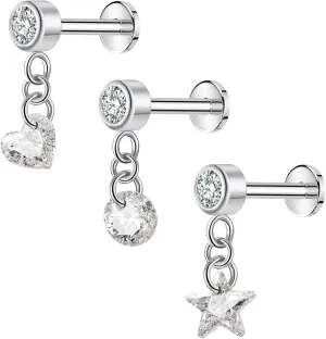 ASTM F136 Implant Grade 18G Internally Threaded Helix Stud G23 Titanium Flat Back Cartilage Earring Dangle Clear CZ Helix Piercing Helix Earring