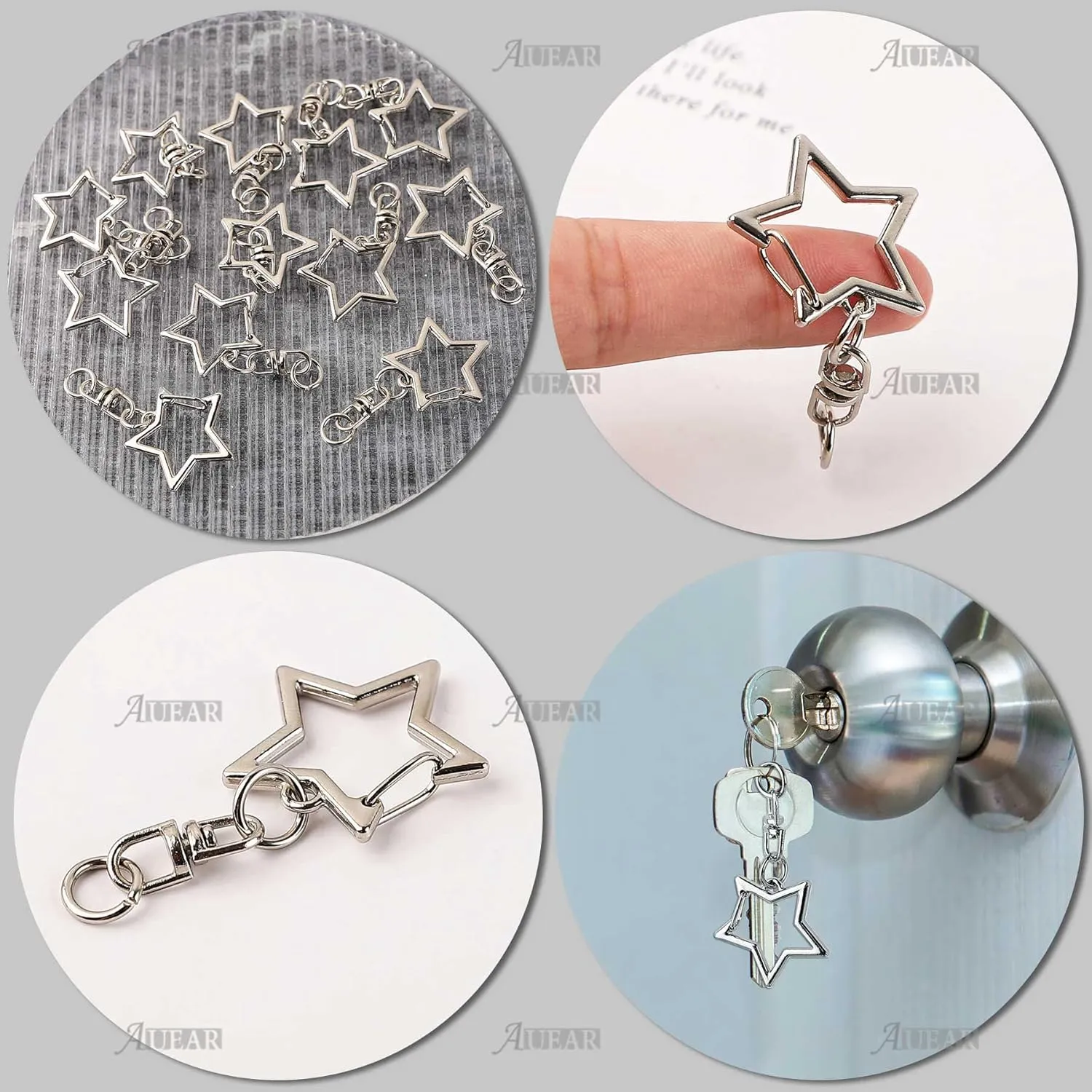 AUEAR, 60 Pack Silver Star Shaped Spring Snap Keychains Clip Metal Key Chains Pentagram Hanging