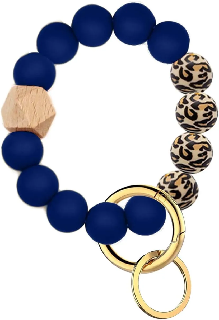 BattleTim Silicone Keychain Bracelets Wooden Beaded Key Ring Bracelet for Women