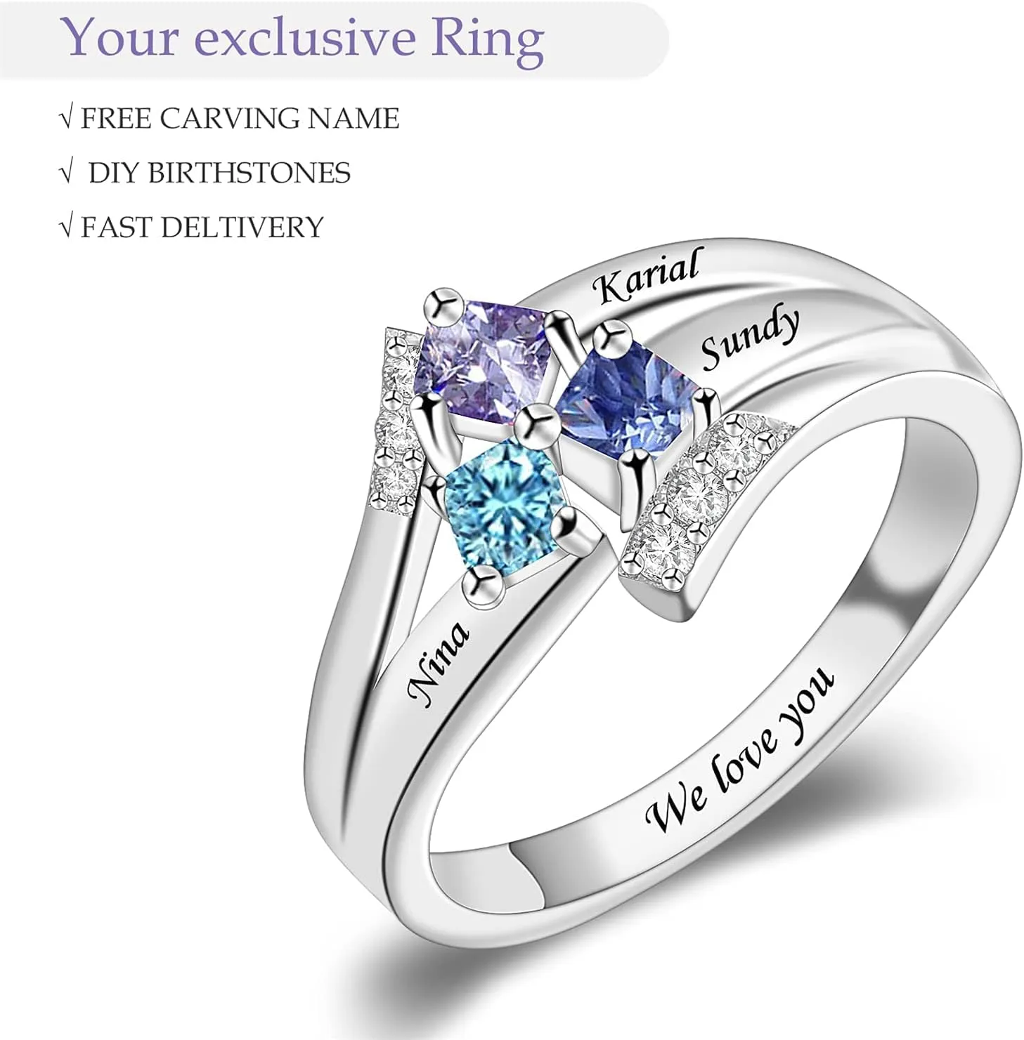 BAUMA AUTO Personalized Mothers Rings with 1/2/3/4/5/6 Simulated Birthstones Engraved Family Name Rings Engagement Promise Rings Mother's Day Rings for Mom Women