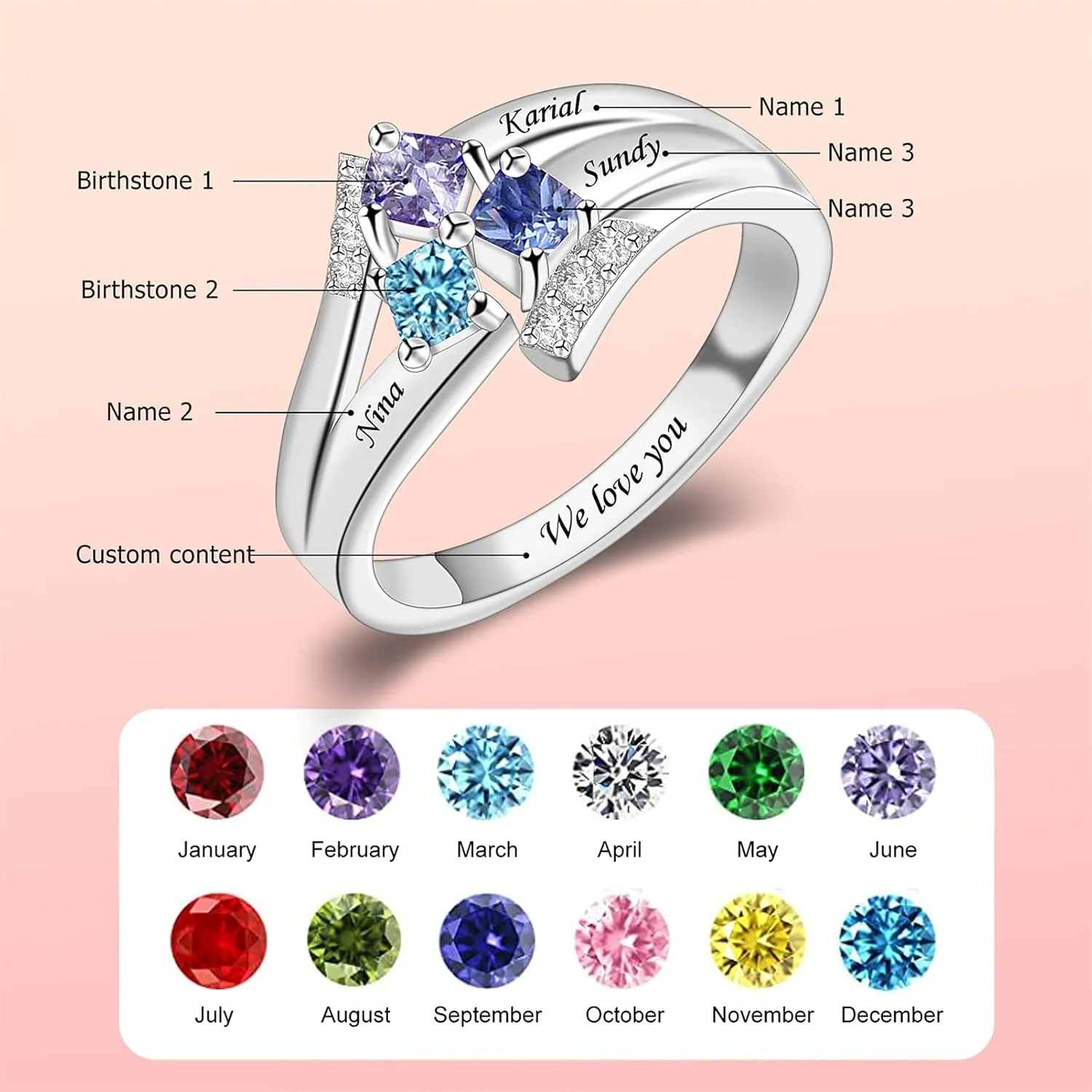 BAUMA AUTO Personalized Mothers Rings with 1/2/3/4/5/6 Simulated Birthstones Engraved Family Name Rings Engagement Promise Rings Mother's Day Rings for Mom Women