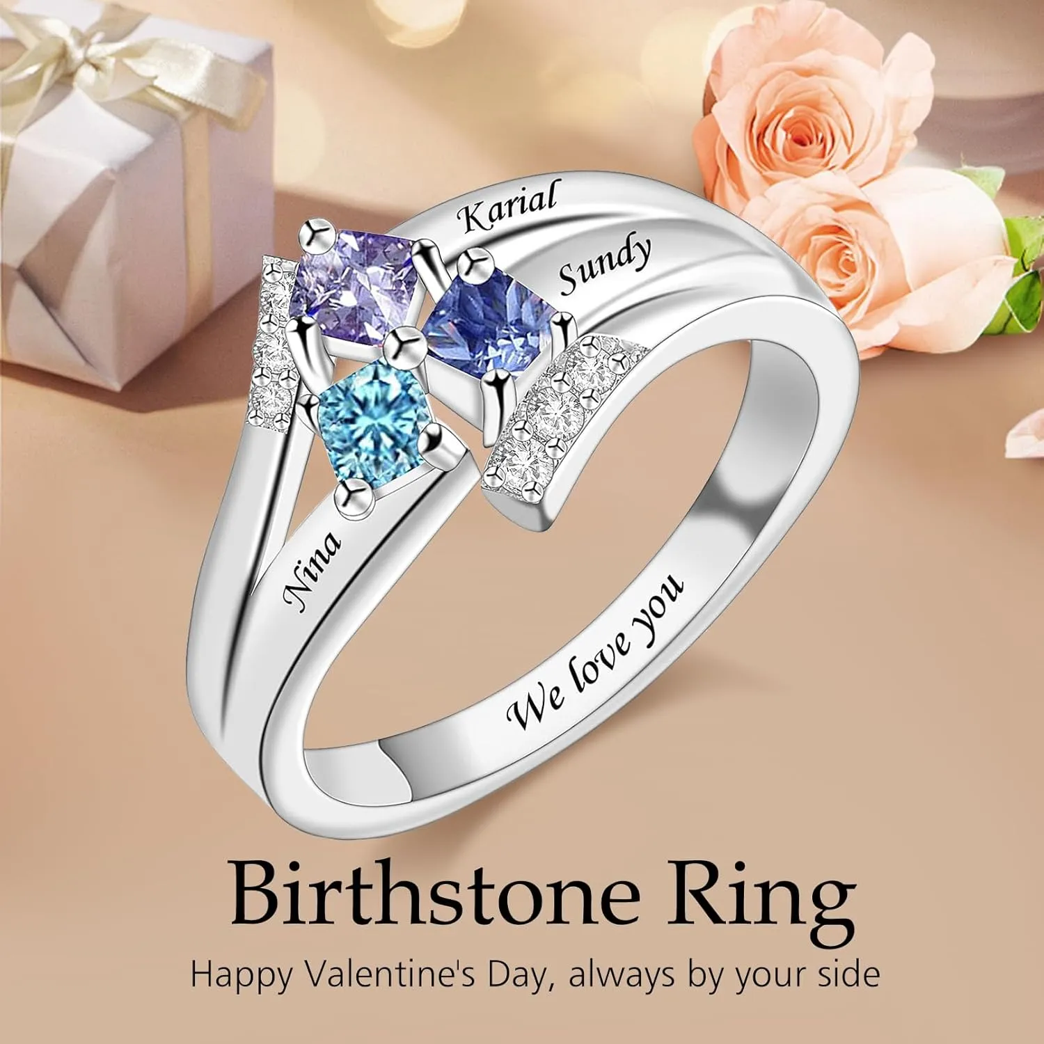 BAUMA AUTO Personalized Mothers Rings with 1/2/3/4/5/6 Simulated Birthstones Engraved Family Name Rings Engagement Promise Rings Mother's Day Rings for Mom Women
