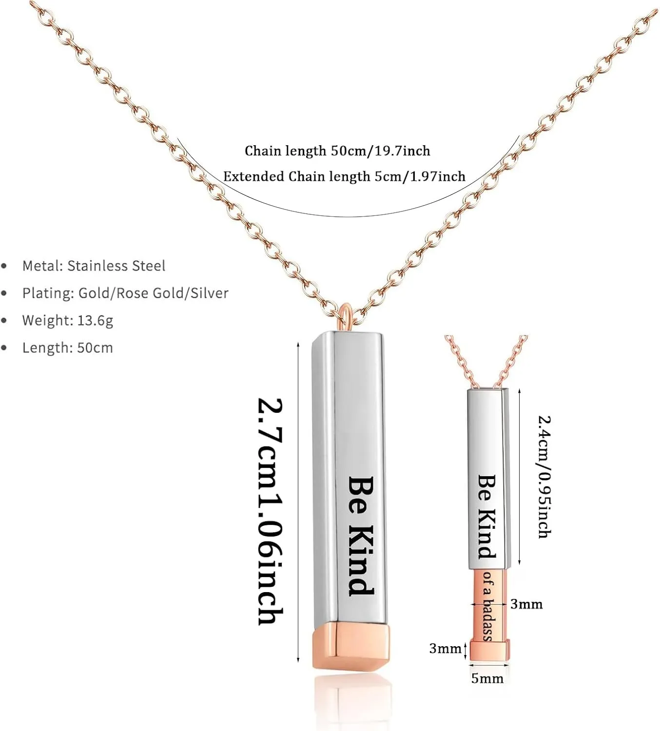 Be Kind Of A B Necklaces For Women, To Best Friends Sorority Sisters Inspirational Square Tubes Pendant With Hidden Message Stainless Steel Band Friendship Gift Jewelry