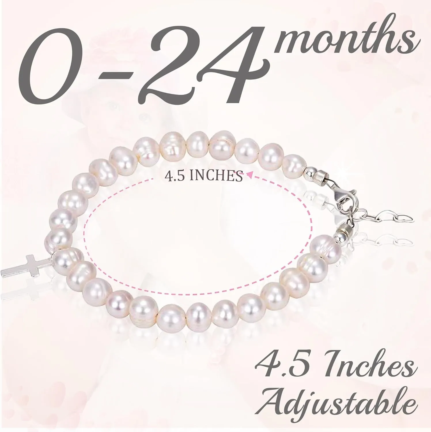 Beaded Bracelets for Girls, Sterling Silver Cross Charm Bracelet White Cultured Freshwater Pearl, Baby Girl Keepsake, Christening, Baptism Gifts for Girl