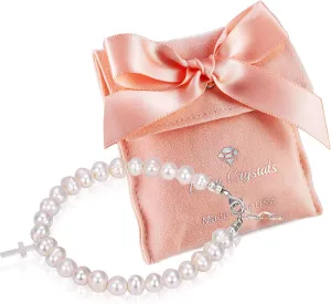 Beaded Bracelets for Girls, Sterling Silver Cross Charm Bracelet White Cultured Freshwater Pearl, Baby Girl Keepsake, Christening, Baptism Gifts for Girl