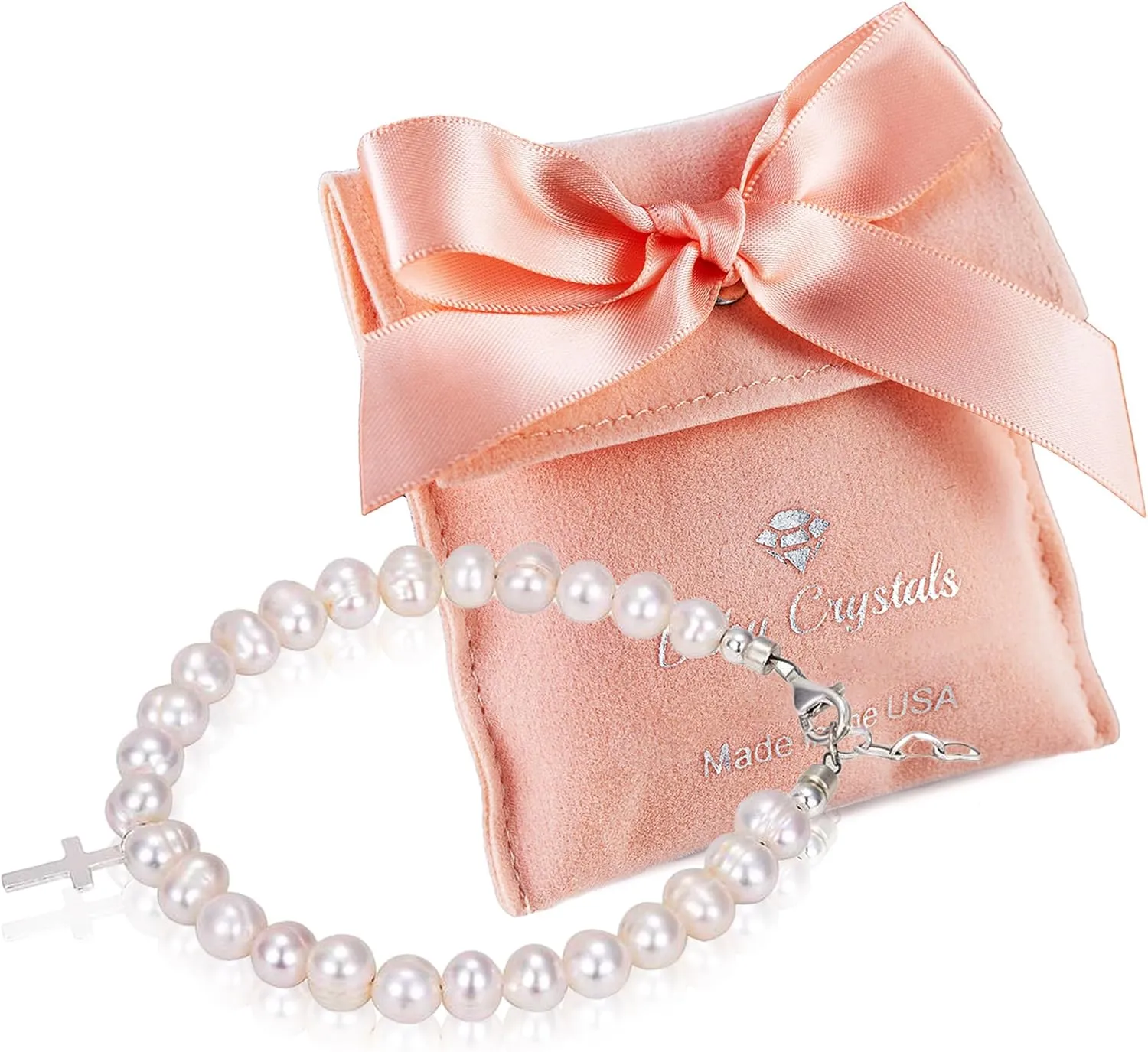 Beaded Bracelets for Girls, Sterling Silver Cross Charm Bracelet White Cultured Freshwater Pearl, Baby Girl Keepsake, Christening, Baptism Gifts for Girl