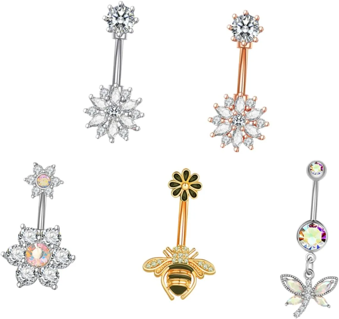 BESTYASH 5pcs Zircon Belly Button Ring Navel Piercing Jewelry Dangle Belly Rings for Women
