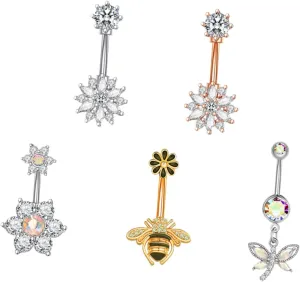 BESTYASH 5pcs Zircon Belly Button Ring Navel Piercing Jewelry Dangle Belly Rings for Women