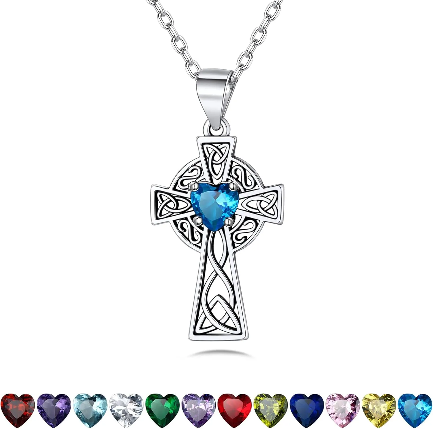 Bestyle Silver Celtic Cross Necklace with 12 Month Heart Birthstone, Dainty Celtic Birthstone Necklace Silver Chain for Women Faith Irish Amulet Lucky Birthstone Jewelry