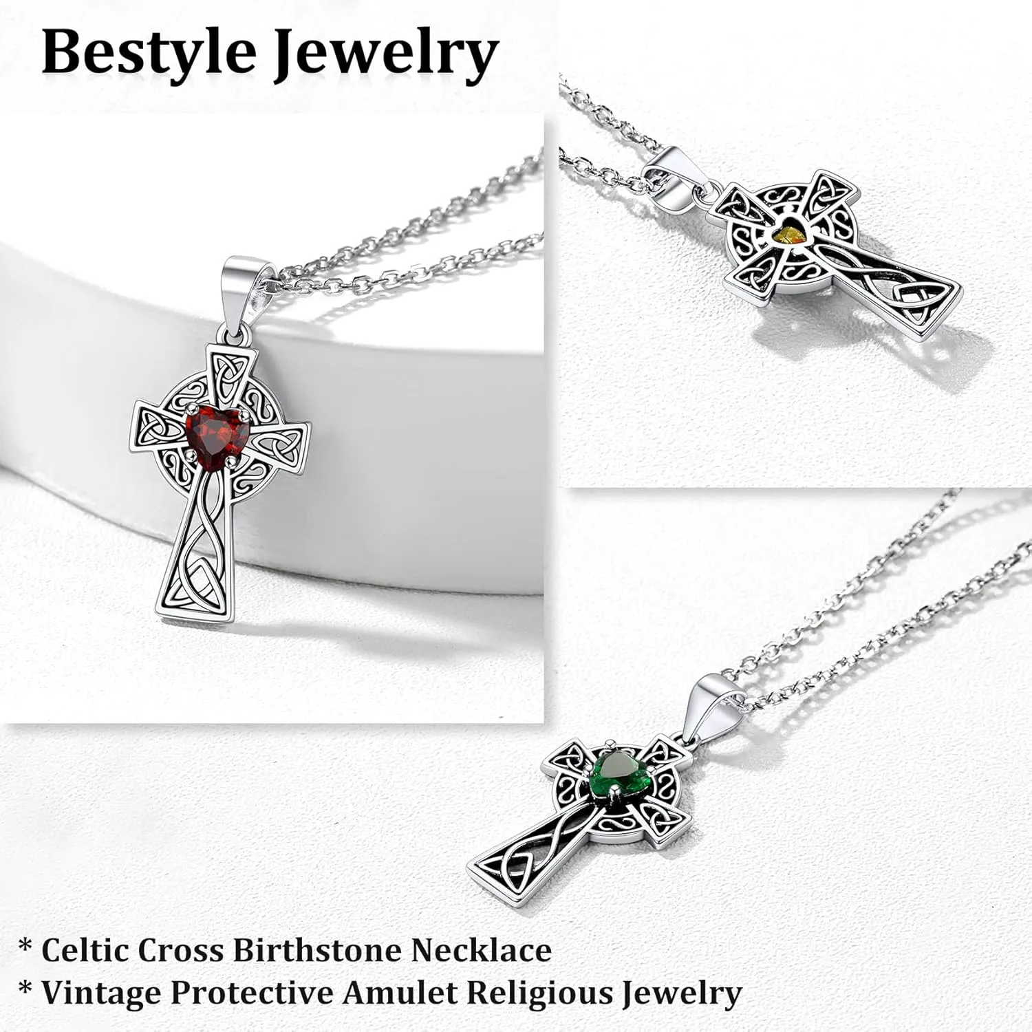 Bestyle Silver Celtic Cross Necklace with 12 Month Heart Birthstone, Dainty Celtic Birthstone Necklace Silver Chain for Women Faith Irish Amulet Lucky Birthstone Jewelry