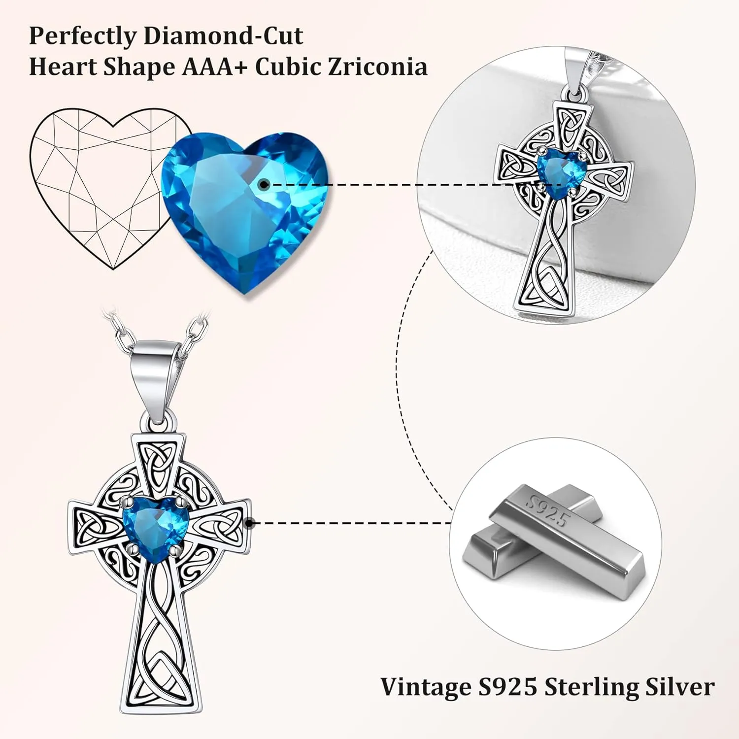 Bestyle Silver Celtic Cross Necklace with 12 Month Heart Birthstone, Dainty Celtic Birthstone Necklace Silver Chain for Women Faith Irish Amulet Lucky Birthstone Jewelry