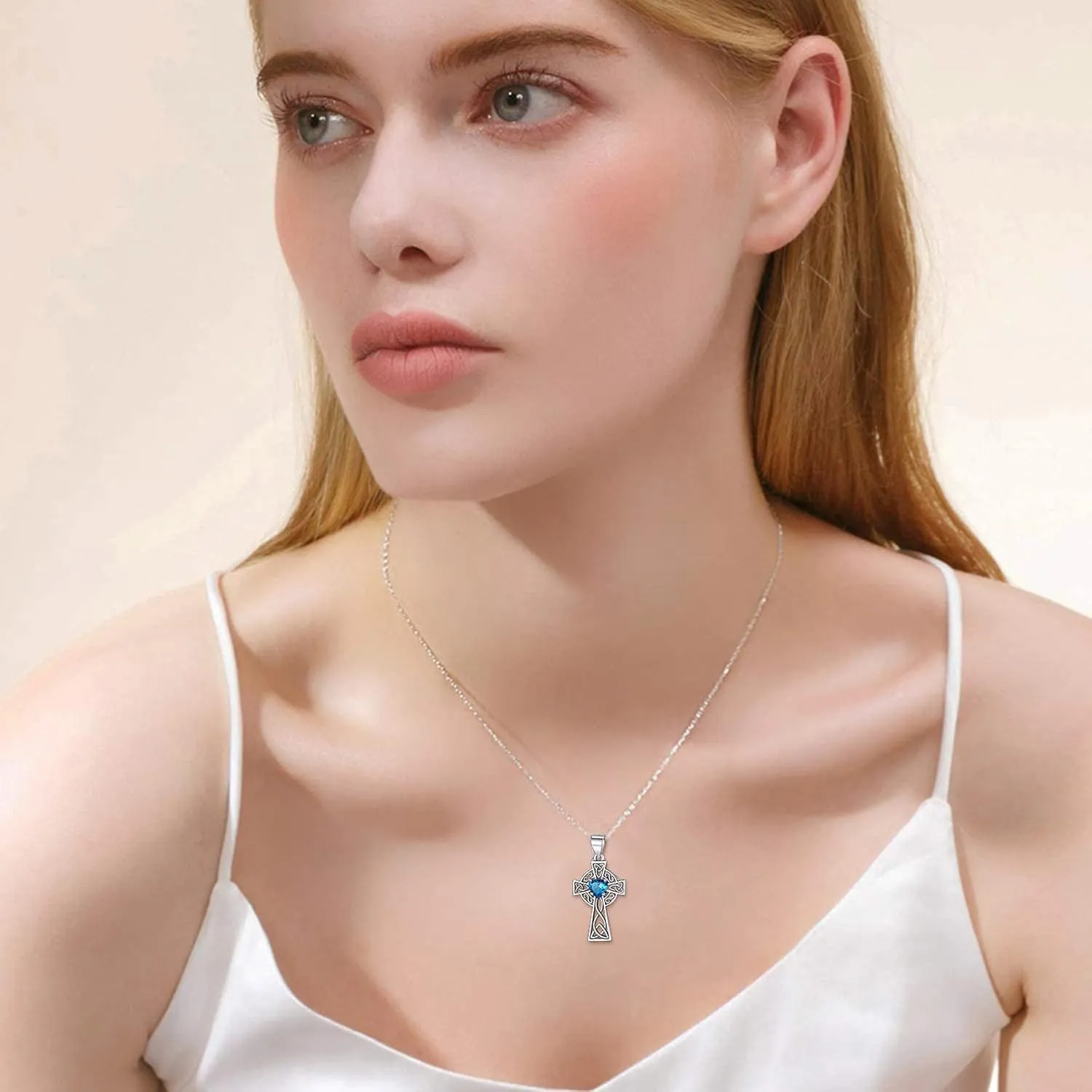Bestyle Silver Celtic Cross Necklace with 12 Month Heart Birthstone, Dainty Celtic Birthstone Necklace Silver Chain for Women Faith Irish Amulet Lucky Birthstone Jewelry