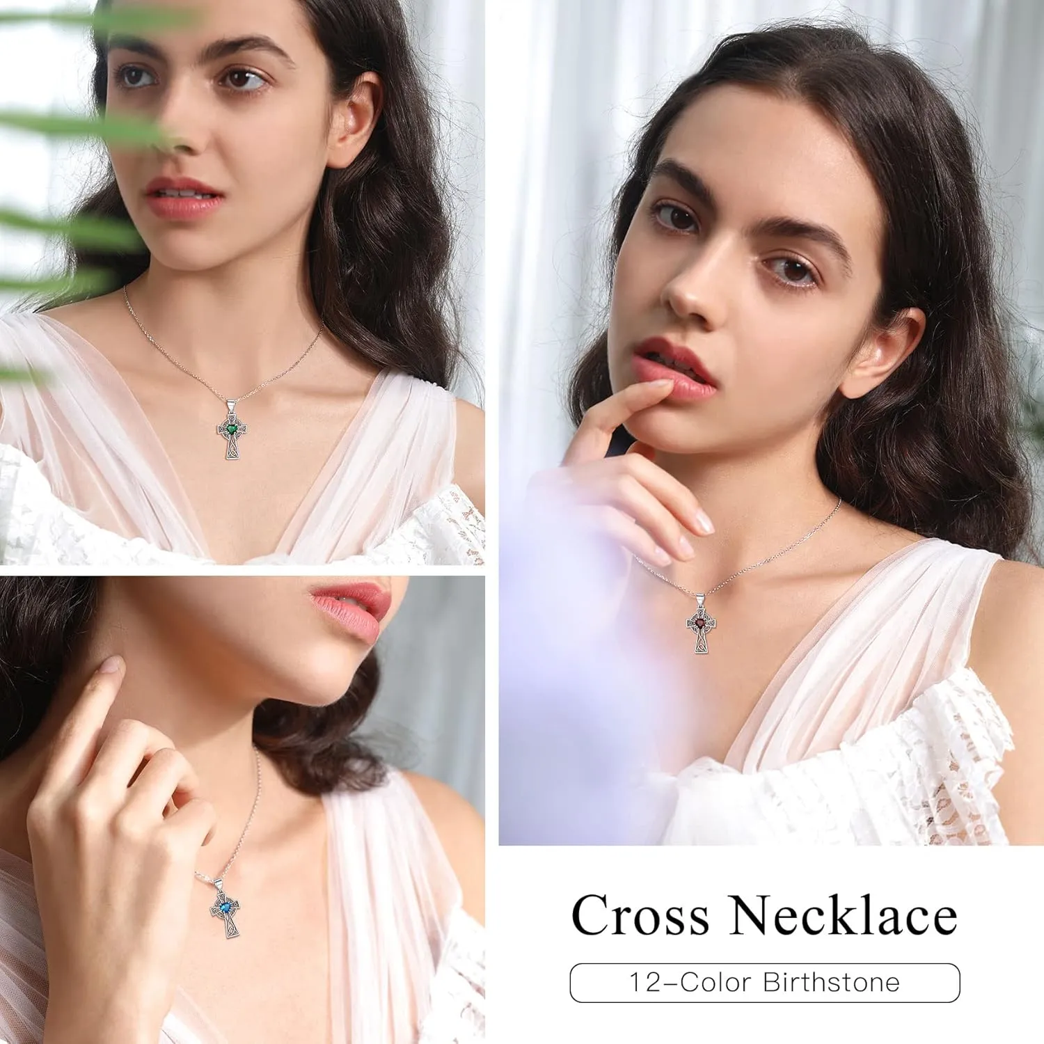 Bestyle Silver Celtic Cross Necklace with 12 Month Heart Birthstone, Dainty Celtic Birthstone Necklace Silver Chain for Women Faith Irish Amulet Lucky Birthstone Jewelry