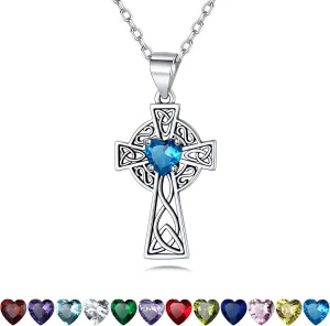Bestyle Silver Celtic Cross Necklace with 12 Month Heart Birthstone, Dainty Celtic Birthstone Necklace Silver Chain for Women Faith Irish Amulet Lucky Birthstone Jewelry