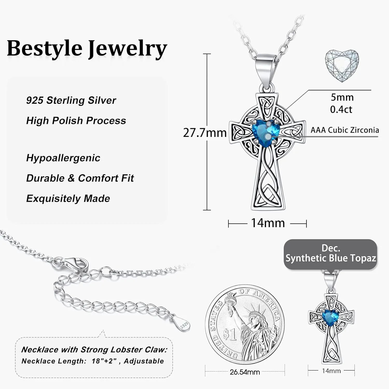 Bestyle Silver Celtic Cross Necklace with 12 Month Heart Birthstone, Dainty Celtic Birthstone Necklace Silver Chain for Women Faith Irish Amulet Lucky Birthstone Jewelry
