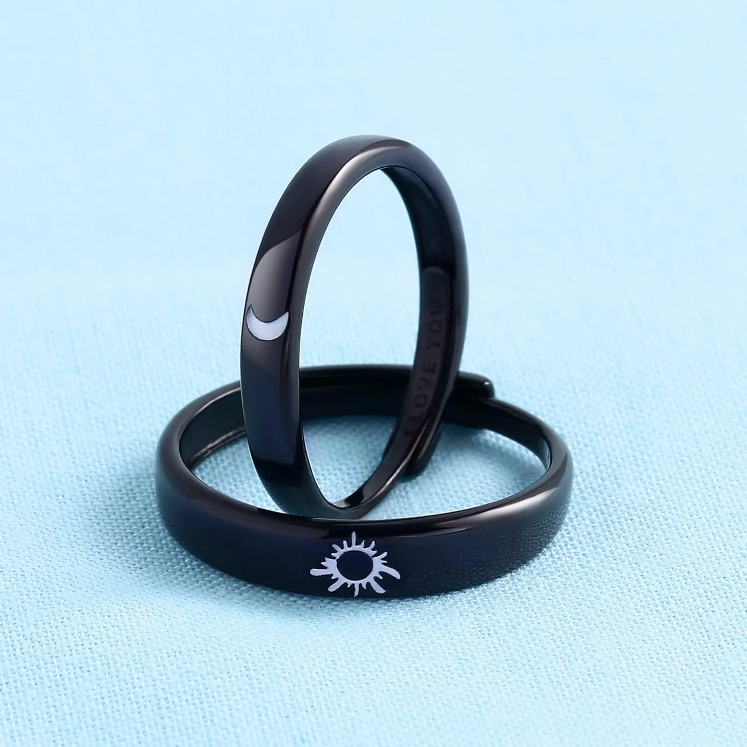 Beydodo 925 Silver Rings Custom Adjustable Sun and Moon Matching Rings Engraved I Love You Couples Rings Wedding