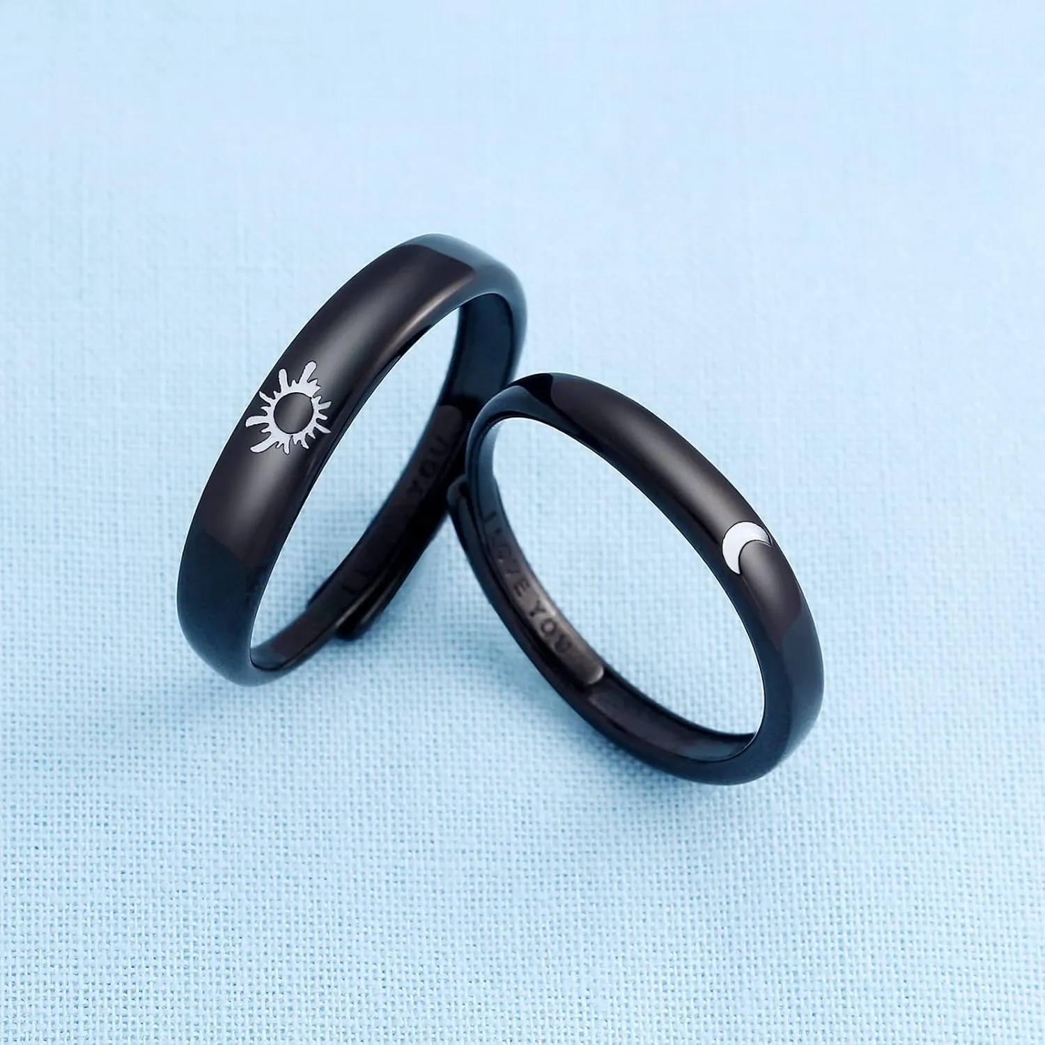 Beydodo 925 Silver Rings Custom Adjustable Sun and Moon Matching Rings Engraved I Love You Couples Rings Wedding