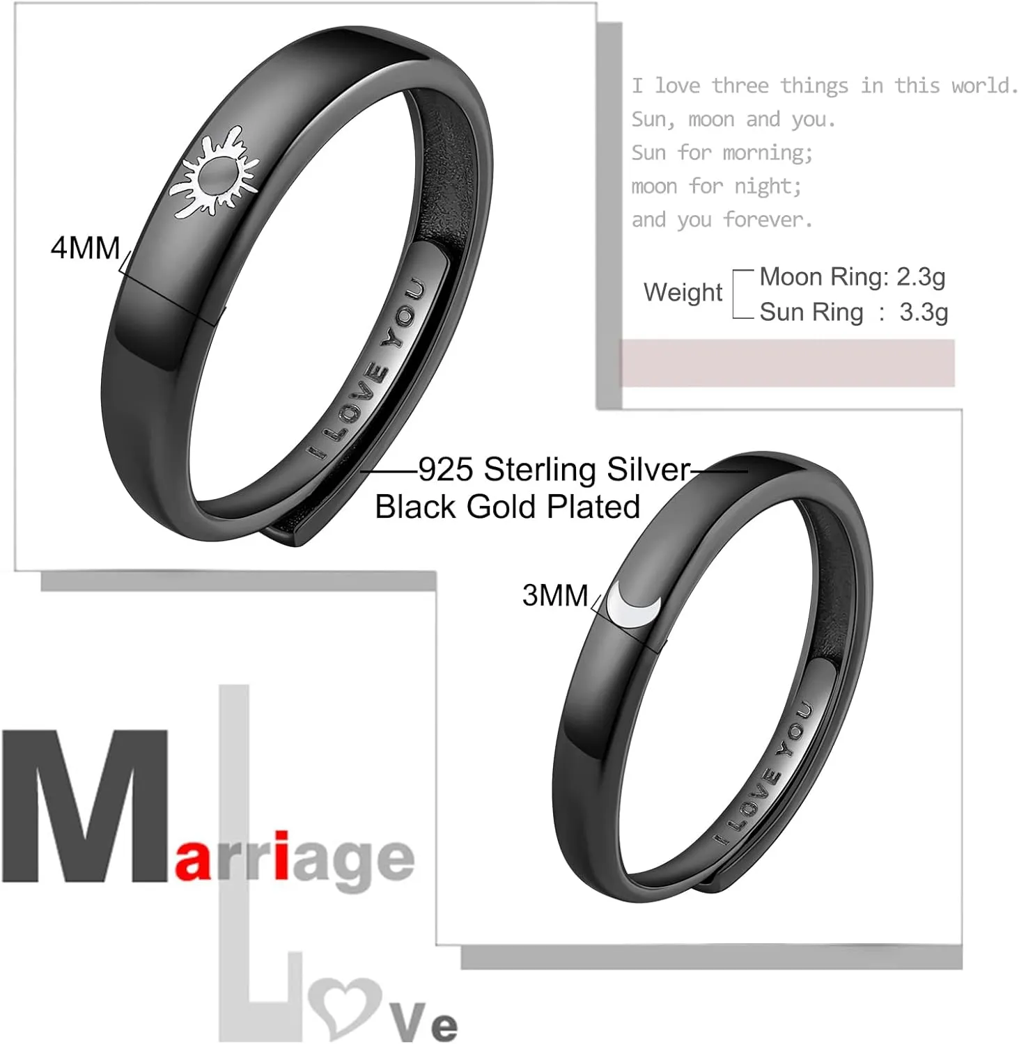 Beydodo 925 Silver Rings Custom Adjustable Sun and Moon Matching Rings Engraved I Love You Couples Rings Wedding