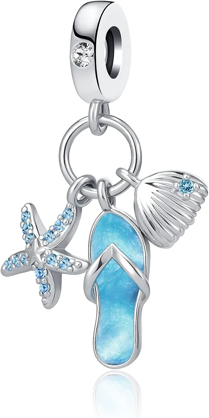 Blue Beach Chair Turtle Starfish Charm Shell Ocean Wave Holiday Go to Beach Slippers Dangle Bead Charms fit Charm Bracelet Necklace