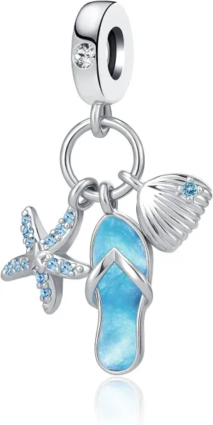 Blue Beach Chair Turtle Starfish Charm Shell Ocean Wave Holiday Go to Beach Slippers Dangle Bead Charms fit Charm Bracelet Necklace