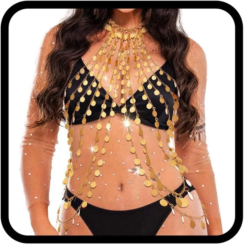 BODIY Women Gold Sequins Body Chain Beach Chest Chain Layered Bra Chains Beach Body Accessory