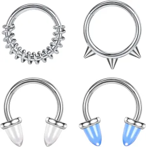 BodyAce 16G Agate Stone Septum Nose Rings, Surgical Steel Conch Helix Cartilage Hoop Rook Earrings, Punk Hinged Segment Rings Body Piercing Jewelry for Men Women
