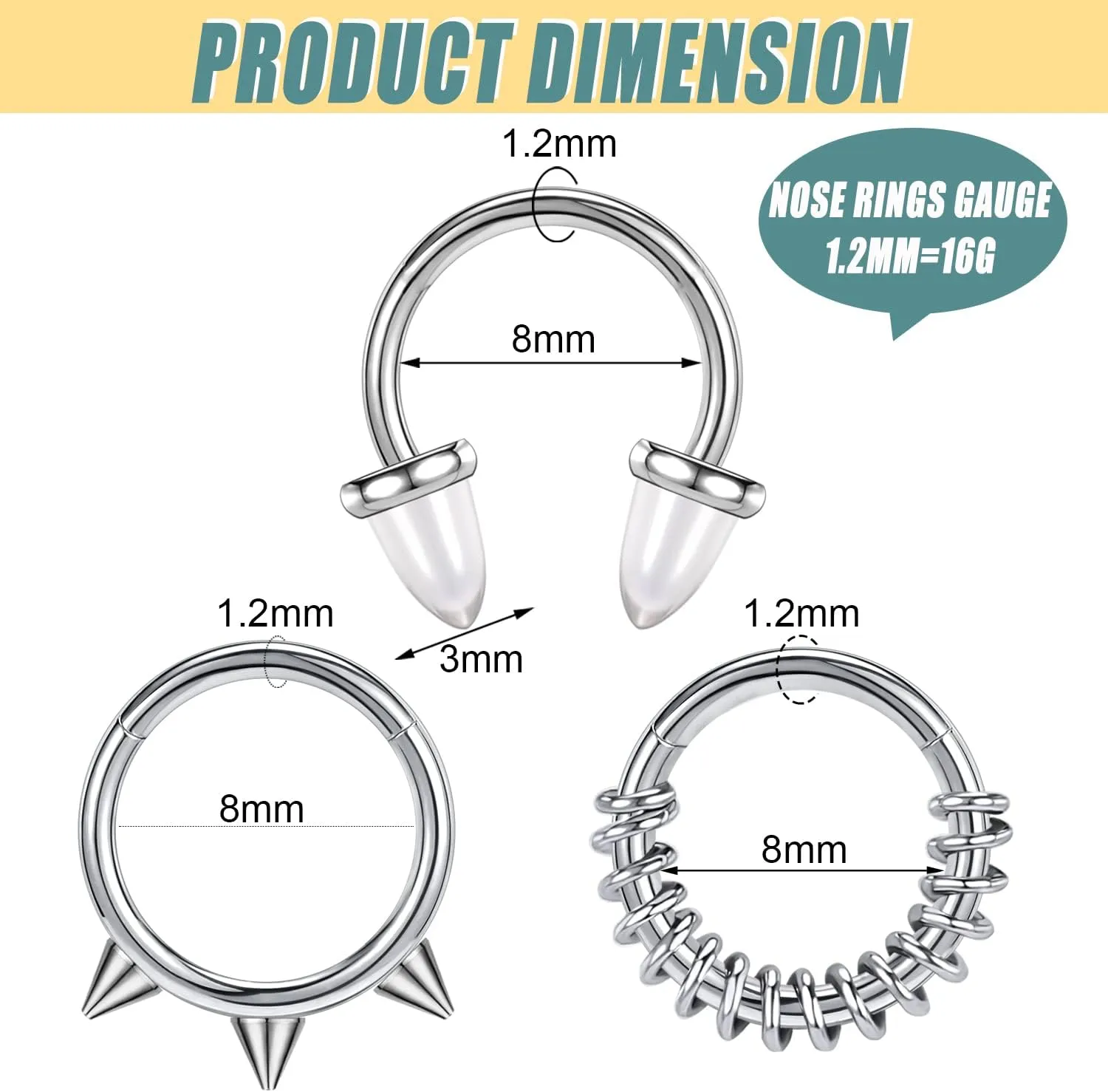 BodyAce 16G Agate Stone Septum Nose Rings, Surgical Steel Conch Helix Cartilage Hoop Rook Earrings, Punk Hinged Segment Rings Body Piercing Jewelry for Men Women