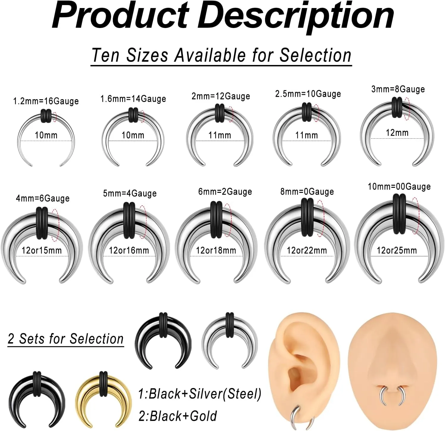BodyAce 2Pairs C Shape Ear Taper Kit, 2-12G Buffalo Septum Pincher Tapers Nose Rings, Black Stretching Ear Expanded Septum Rings with O-Rings